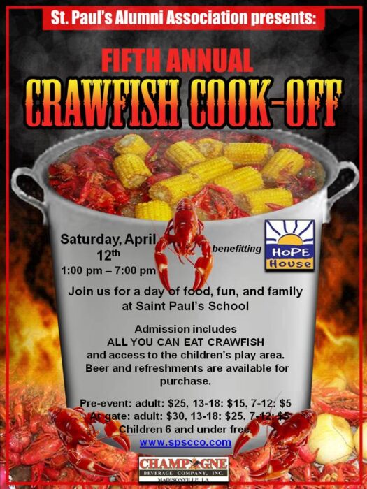 A poster advertises the Fifth Annual Crawfish Cook-Off at St. Paul's School with event details, a pot of crawfish and corn, and sponsors’ logos.