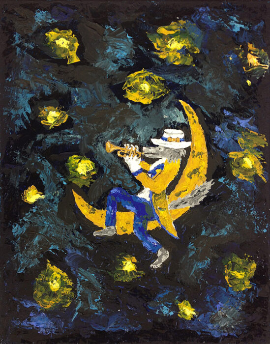 A person in a yellow suit sits on a crescent moon playing a wind instrument, like a scene from St. Paul's School for boys northshore LA.