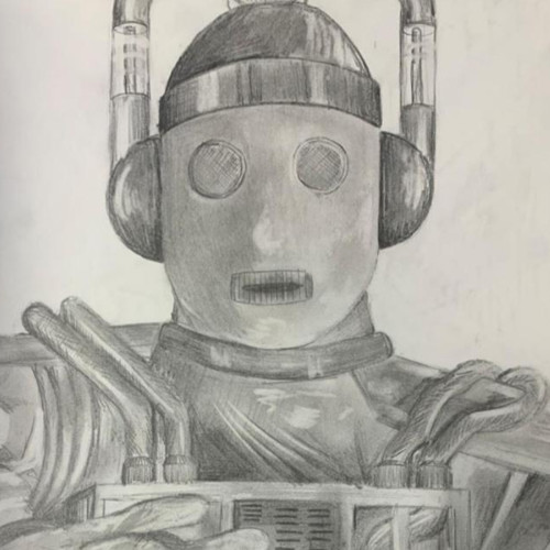 Pencil drawing of a robot with round eyes and tubes, inspired by St. Paul's School, a renowned school for boys northshore LA.