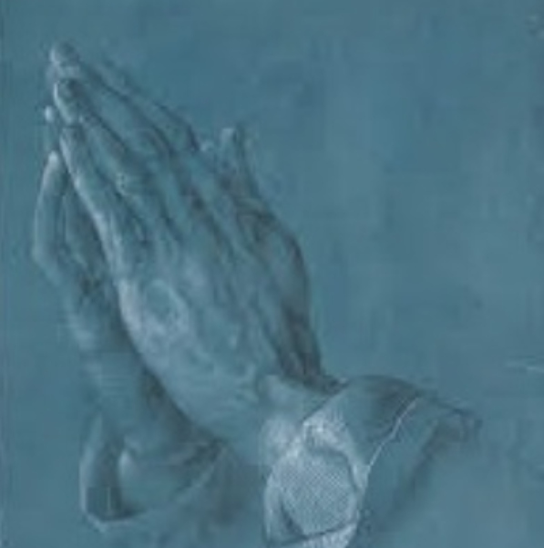Drawing of two hands pressed together in prayer, with detailed shading and a blue-tinted background—perfect for St. Paul's School inspiration.