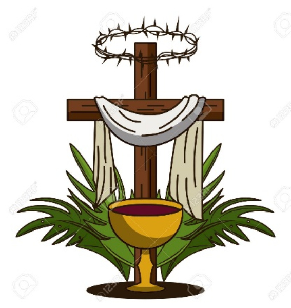 A wooden cross with a white cloth, crown of thorns, palm leaves, and a gold chalice at St. Paul's School for boys Northshore LA.