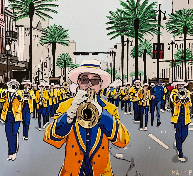 A marching band from St. Paul’s School in yellow and blue uniforms parades down a palm tree-lined city street.