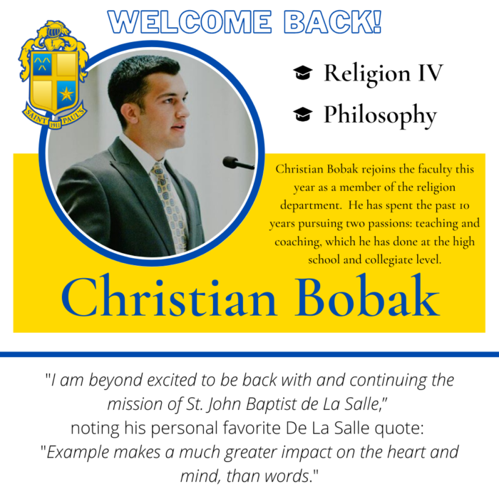 A man in a suit speaks at a podium; text welcomes Christian Bobak back as Religion IV and Philosophy teacher at St. Paul’s School.