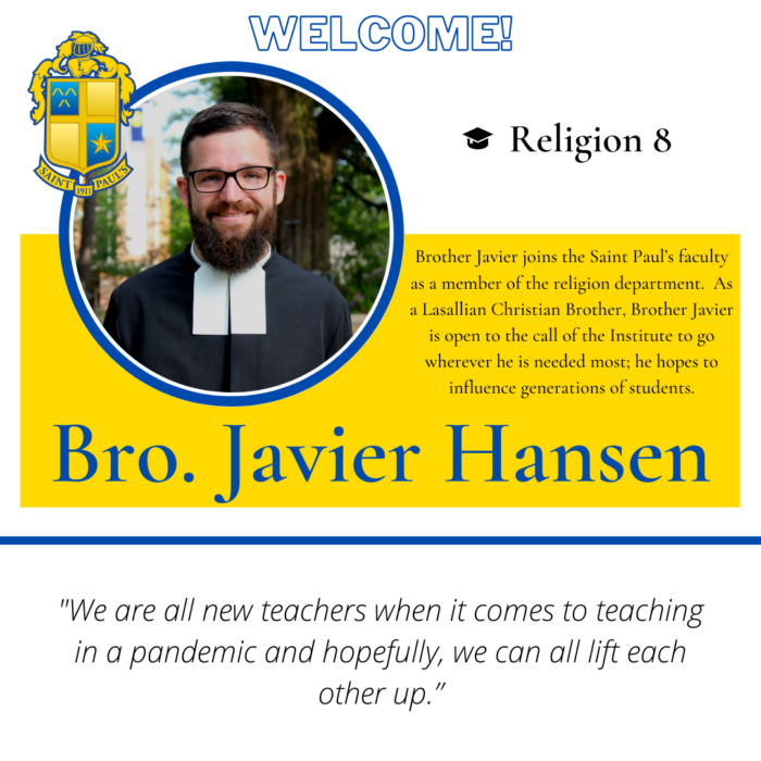 A smiling man in religious attire introduces Brother Javier Hansen as a new religion teacher at St. Paul’s School for boys on the Northshore, LA.