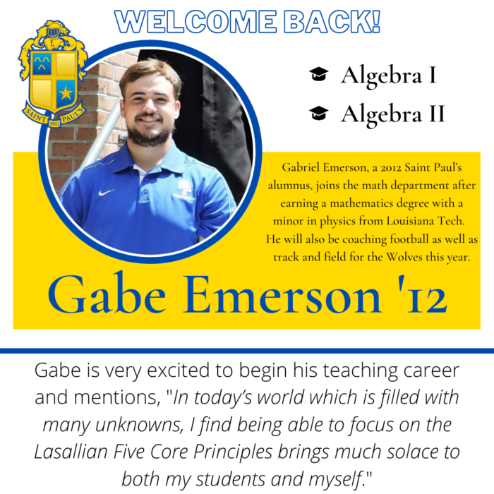 A man with a beard and short hair, in a blue polo, smiles before trees with St. Paul's School crest and text about his teaching role.