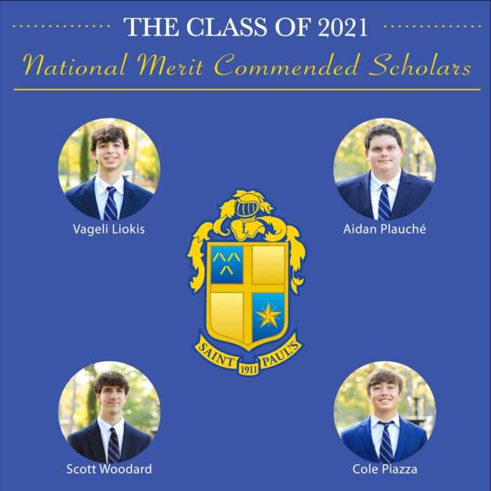 Four male students in suits, around St. Paul's School crest: 