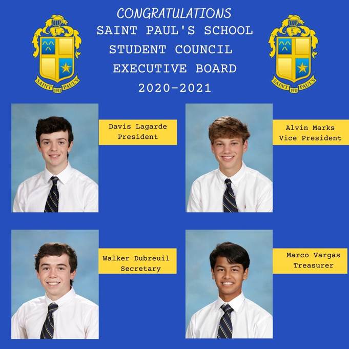 A blue poster announces St. Paul's School 2020-2021 student council board, a leading school for boys on the Northshore, LA.