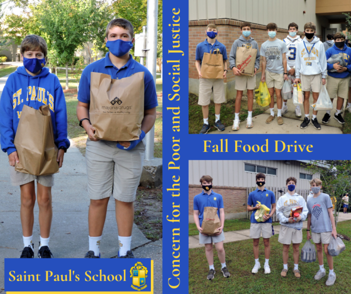 Students wearing masks hold grocery bags and canned goods at St. Paul's School Fall Food Drive for social justice on the Northshore.