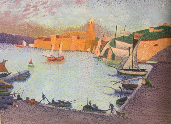Painting of a harbor with boats and colorful buildings, evoking the vibrant community near private schools on the Northshore.