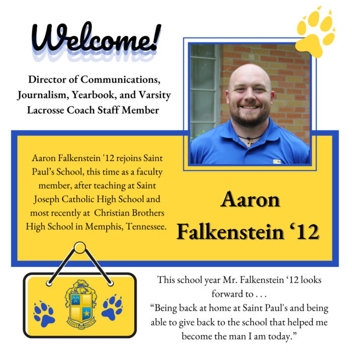 A man in a blue shirt smiles, welcoming Aaron Falkenstein ‘12 as Director of Communications at St. Paul’s School, a leading school for boys Northshore LA.