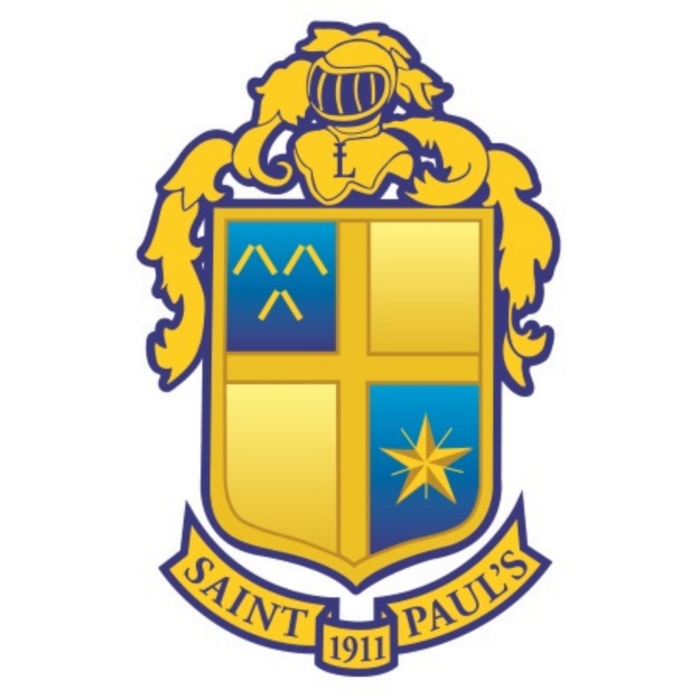 A gold and blue crest for St. Paul's School features a knight helmet, shield with symbols and a star, highlighting private schools on the Northshore.