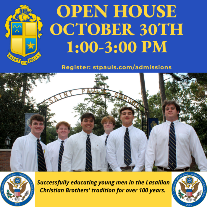 Six young men in dress shirts and ties stand outside under an archway, promoting St. Paul's School, a leading school for boys Northshore LA.