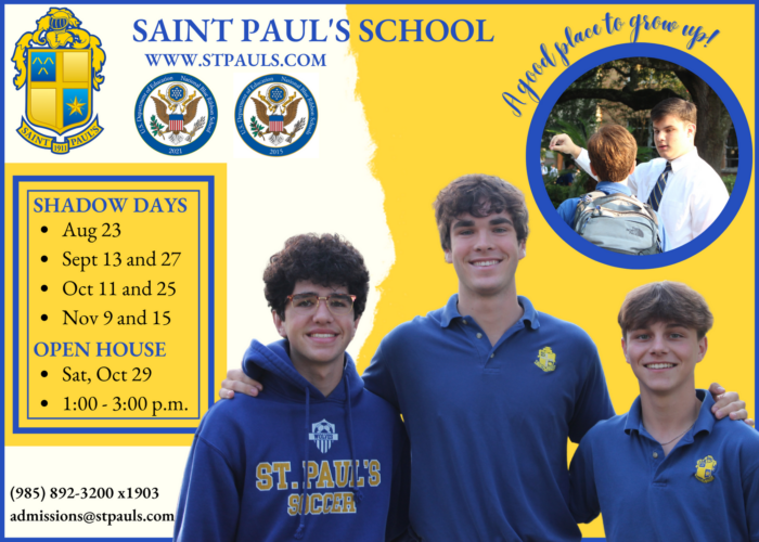 Three teenage boys in St. Paul's School attire smile; another boy adjusts a tie. Event details listed for this school for boys Northshore LA.