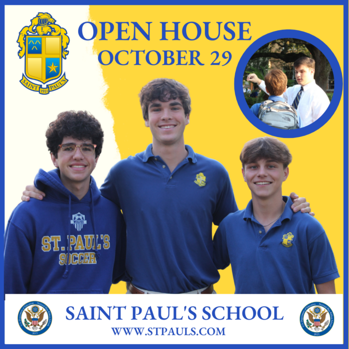 Three students in blue St. Paul's School shirts smile together. Discover top private schools on the Northshore—Open House October 29.