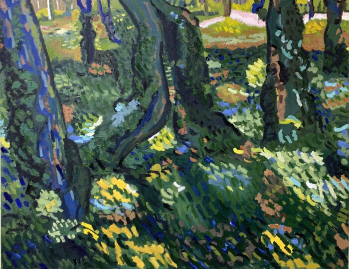 Colorful painting of a sunlit forest, inspired by the vibrant campus of St. Paul’s School for boys on the Northshore, LA.