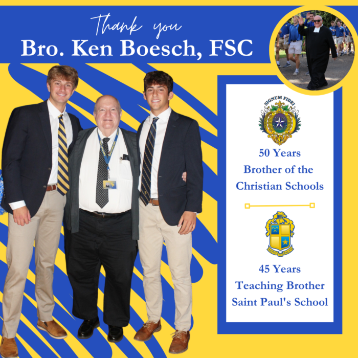 Three men in formal attire honor Bro. Ken Boesch, FSC, for 50 years at St. Paul’s School, a leading school for boys Northshore LA.