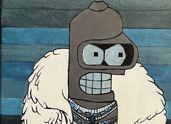 A cartoon robot with a shiny coat and necklace stands before blue stripes, inspired by St. Paul’s School on the Northshore.