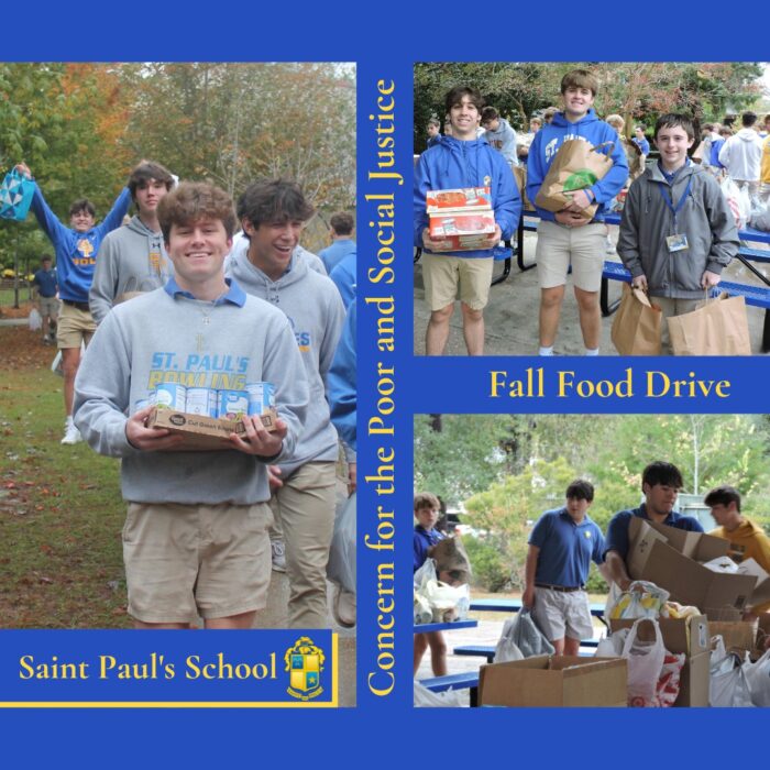 Students at St. Paul's School, a leading school for boys northshore LA, join a fall food drive, carrying and sorting donations outdoors.