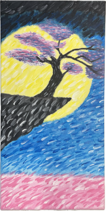 A tree with purple leaves stands on a cliff beneath a yellow moon, as the sky glows above St. Paul’s School on the Northshore.