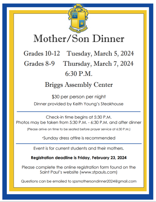 Flyer for a St. Paul’s School Mother/Son Dinner with event details—perfect for families at this private school on the Northshore.