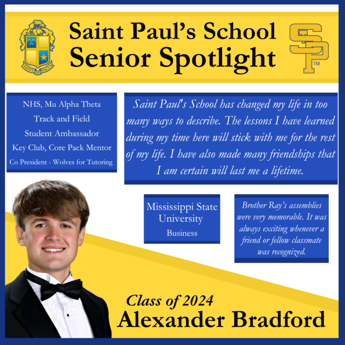 A senior spotlight for Alexander Bradford, showcasing his journey at St. Paul's School, one of the top private schools on the Northshore.