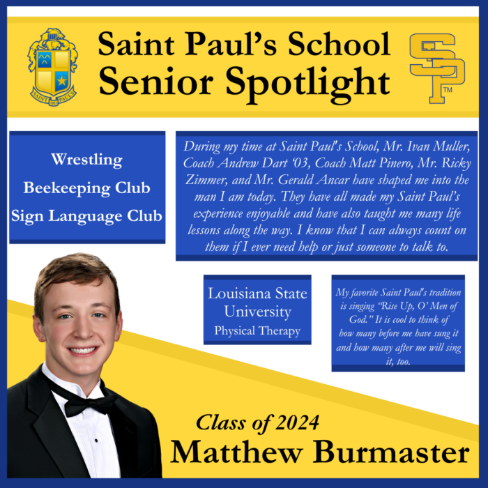 A senior spotlight graphic for Matthew Burmaster at St. Paul's School, highlighting his activities, achievements, quotes, and post-graduation plans.
