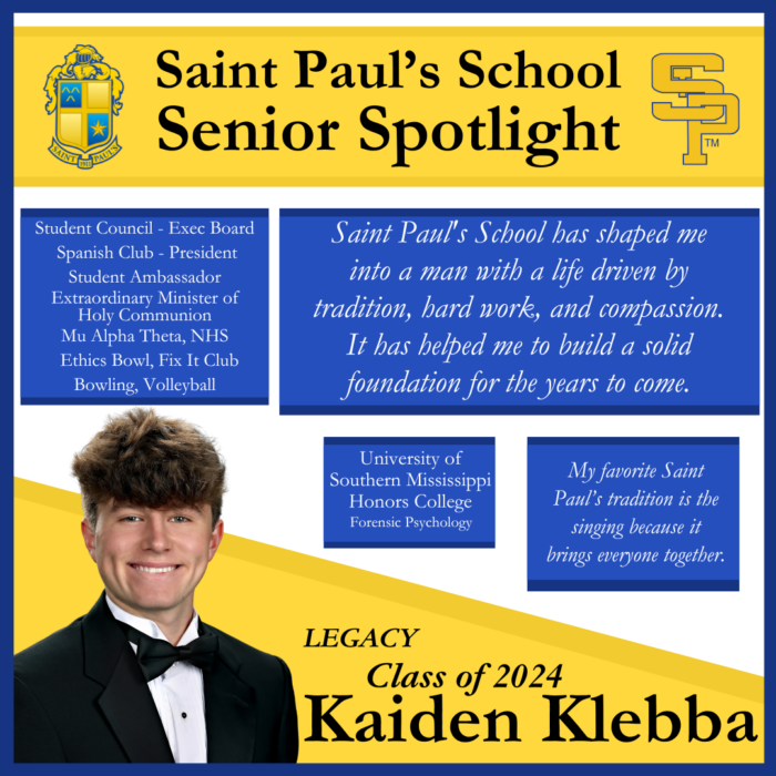 Senior spotlight for Kaiden Klebba, Class of 2024, highlights St. Paul's School achievements and college plans on a blue and yellow background.