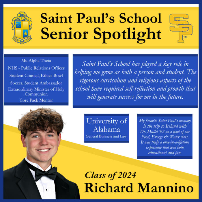 Senior spotlight graphic for Richard Mannino, Class of 2024, featuring achievements, future plans, and a quote about St. Paul’s School.