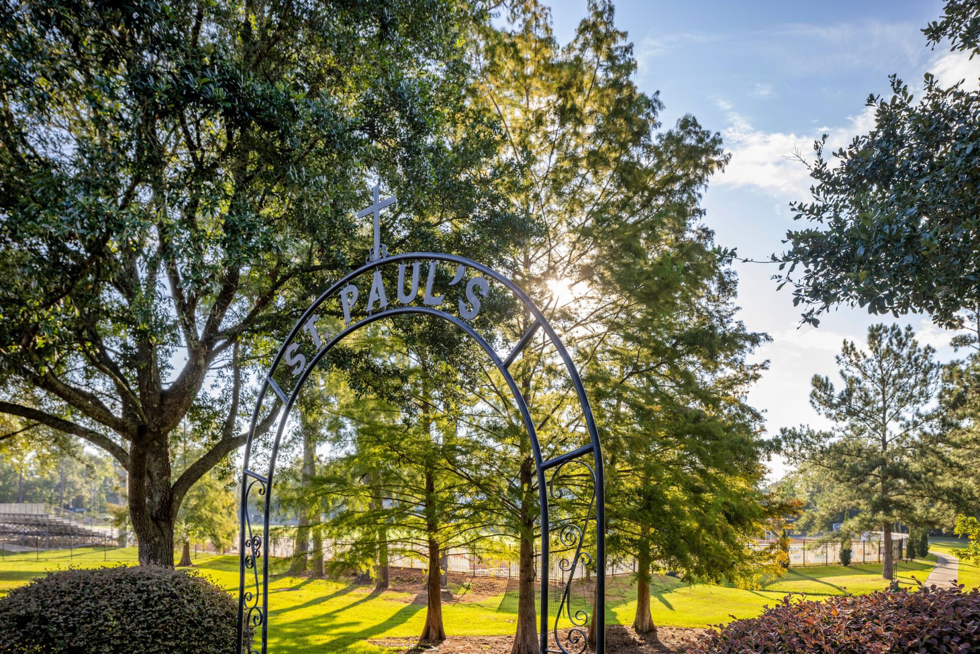 A metal archway reading 
