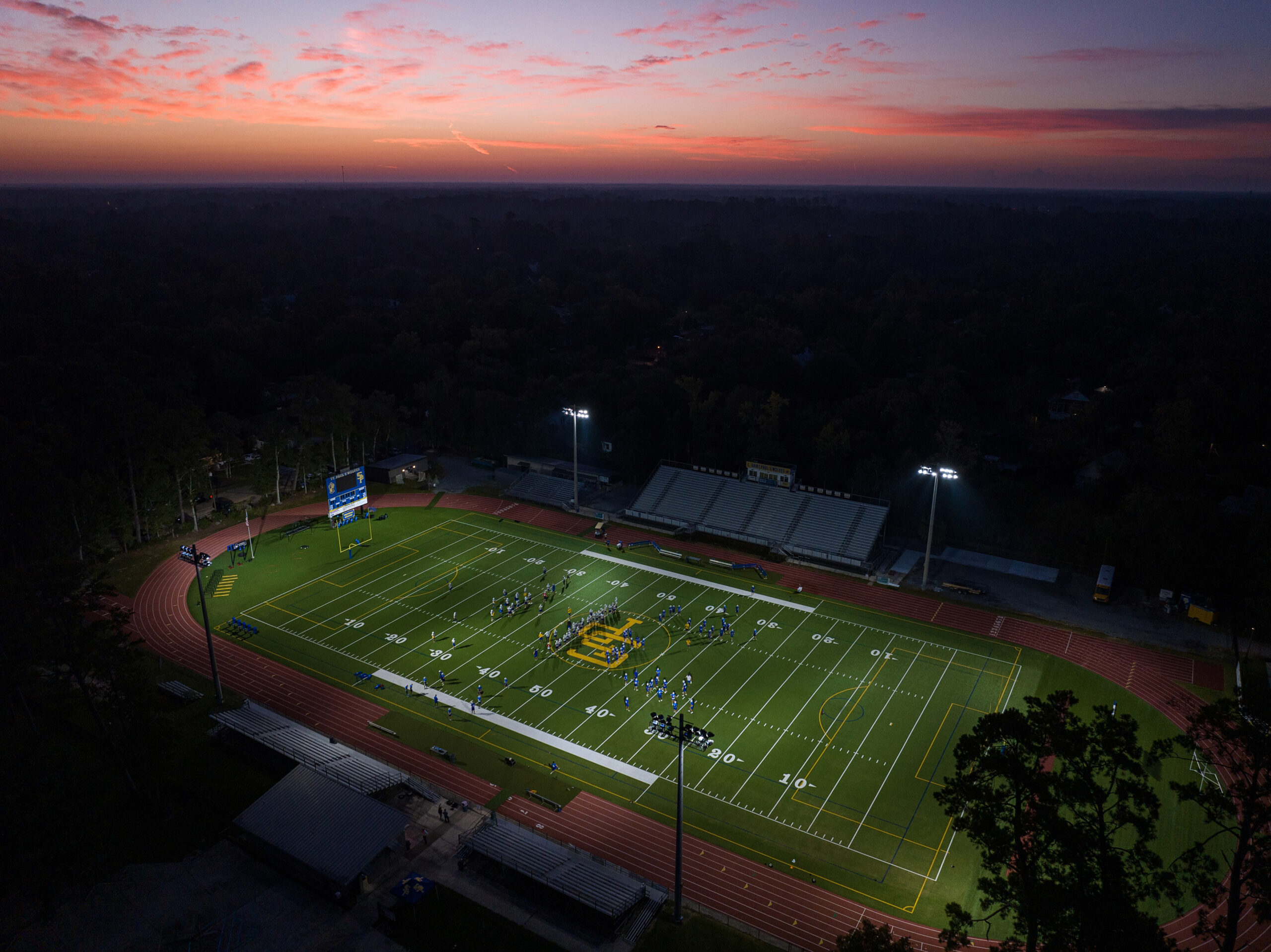 Aerial view of Saint Paul’s School football field at dawn.