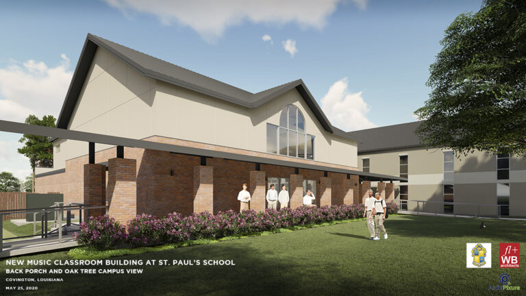 A modern brick classroom at St. Paul’s School, a top private school on the Northshore, with large windows and people gathered outside.