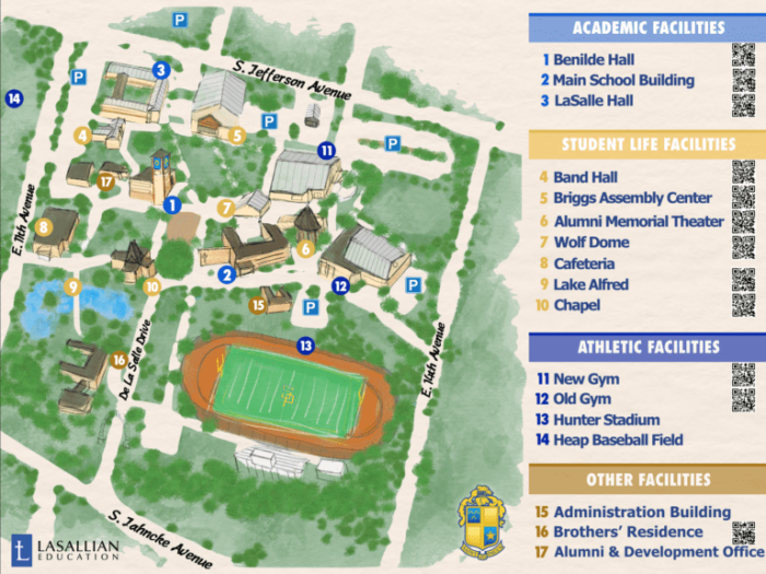 A campus map of St. Paul’s School, a leading private school on the Northshore, shows labeled buildings, fields, parking lots, and QR codes.