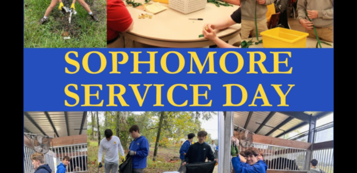 A collage highlights the Saint Paul's tradition of Sophomore Service Day, with students gardening, sorting items, and working in a barn.