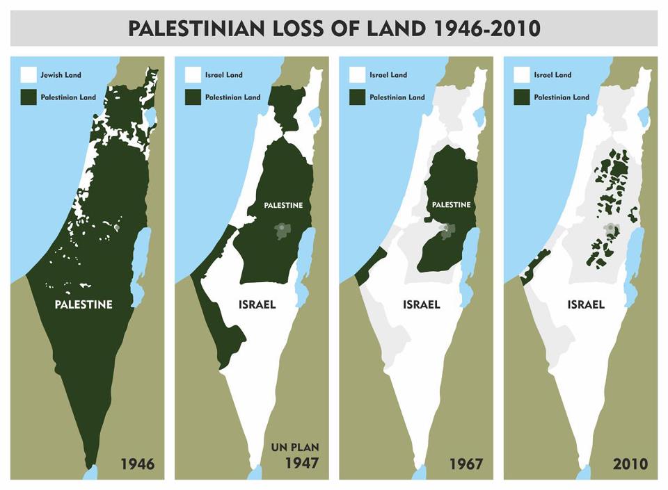 Four maps illustrate the Israeli-Palestinian Conflict, showing shifts in land from 1946 to 2010 for a clearer understanding.