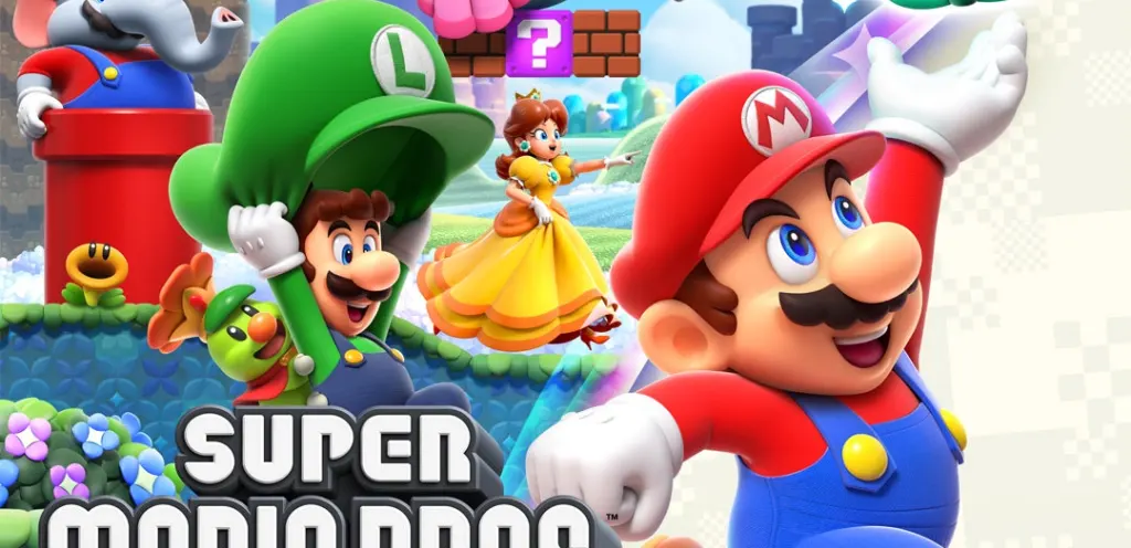 Illustration of Mario, Luigi, and Princess Daisy from Super Mario Bros, with colorful background elements and the game title in bold text.