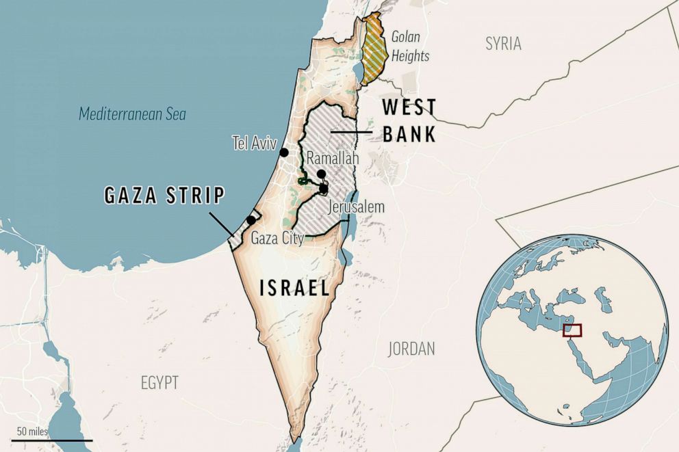 A labeled map aids understanding of the Israeli-Palestinian conflict, showing Israel, Gaza Strip, West Bank, Golan Heights, and neighboring countries.