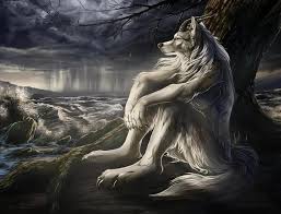 A sigma humanoid wolf with long fur sits by a tree, vibing as it watches a stormy sea beneath a dark, cloudy sky.