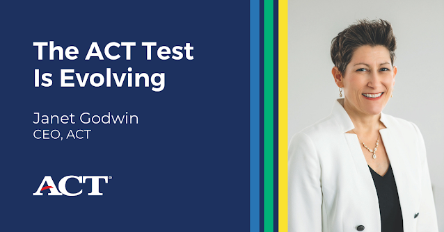 Janet Godwin, CEO of ACT, stands smiling next to text reading “ACT exam changes” on a graphic background.