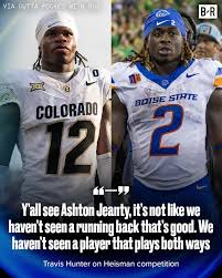 Side-by-side photo of Travis Hunter in a Colorado jersey and Ashton Jeanty in Boise State gear, with a quote on the Heisman race.