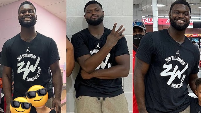 A man in a black Zion Williamson Basketball Camp shirt poses for photos, ready for the Pelicans 2024-25 season and smiling in two images.