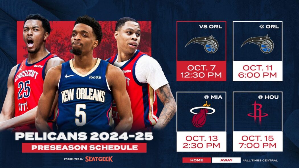 Zion Williamson and fellow Pelicans star in a season preview with the Pelicans 2024-25 season preseason schedule and opponent logos.