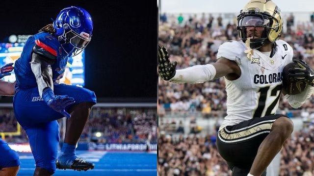 Split image: left, a football player in blue; right, Travis Hunter in white and gold, both spotlighted in the Heisman race.