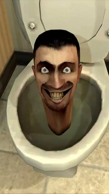 A sigma, cartoonish human head with a wide grin and bulging eyes emerges from a toilet bowl in true Generation Alpha slang style.