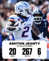 Boise State’s Ashton Jeanty tallies 20 carries, 267 yards, and 6 TDs vs. GA Southern—a Heisman race performance.