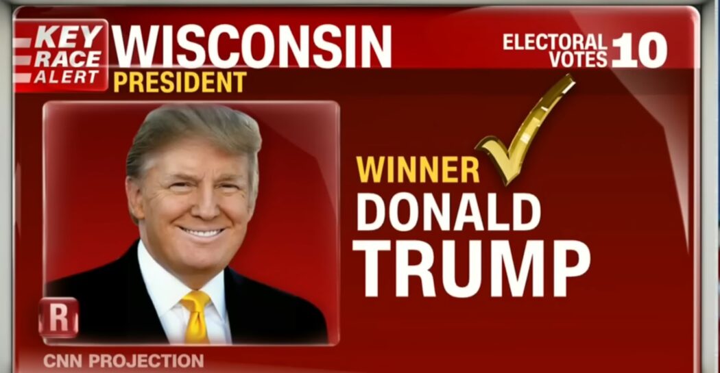 A graphic announces Donald Trump as the projected winner of Wisconsin's 10 electoral votes in the 2024 presidential election.