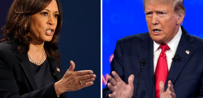 Split image showing two people in suits, each gesturing while discussing 2024 presidential election battleground state polling.